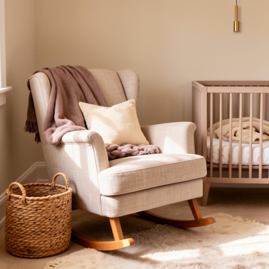 A calm, neutral in-home nursery with rocking chair and natural light
